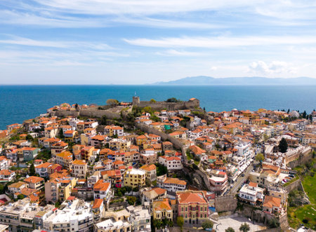Kavala is a picturesque city located in northeastern Greece, known for its stunning aerial views. Visitors can enjoy breathtaking panoramas of the city's colorful buildings and vibrant waterfront from several vantage points, including the historic Kavala Castle.の写真素材