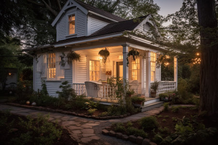 Cozy cottage, nestled in a tranquil garden, provides the perfect retreat for an evening of relaxation. Enjoy the peaceful ambiance and unwind amidst the serene surroundings. Generative AIの素材
