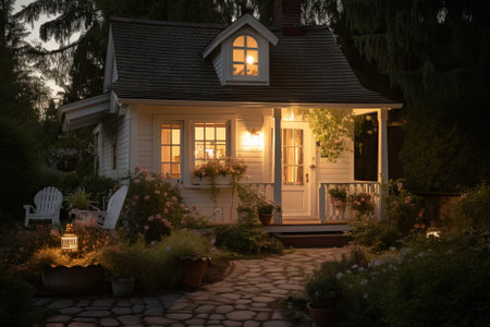 Cozy cottage, nestled in a tranquil garden, provides the perfect retreat for an evening of relaxation. Enjoy the peaceful ambiance and unwind amidst the serene surroundings. Generative AIの素材