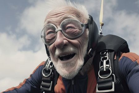 A happy elderly man is skydiving, embracing the concept of an active and joyful old age. He enjoys the adrenaline rush and the freedom of flying. AI Generativeの素材