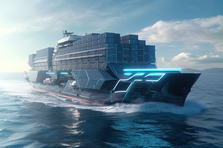 ultramodern container ship of the future sails across the sea, equipped with cutting-edge technology and designed for maximum efficiency. AI Generativeの素材