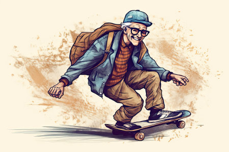 illustration of a joyful elderly man skateboarding along the seafront, embracing life and all its adventures. AI Generativeの素材