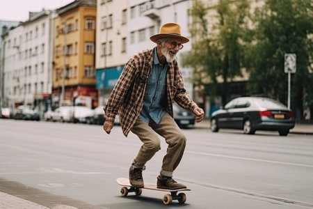 A happy elderly man skateboarding through the city, embodying the concept of active aging and living life to the fullest. AI Generativeの素材