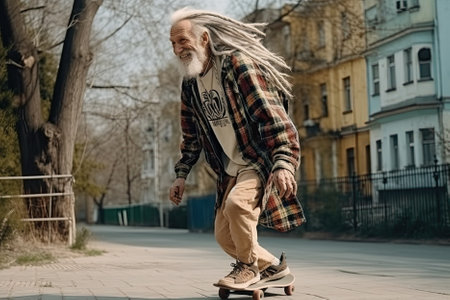 A happy elderly man skateboarding through the city, embodying the concept of active aging and living life to the fullest. AI Generativeの素材