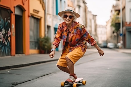 A joyful elderly woman skateboarding, embracing the concept of active aging and breaking stereotypes. AI Generativeの素材