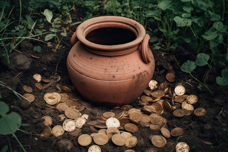A clay pot filled with gold shining coins, hidden and waiting to be discovered by treasure hunters. AI Generativeの素材