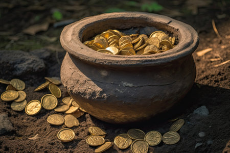A clay pot filled with gold shining coins, hidden and waiting to be discovered by treasure hunters. AI Generativeの素材
