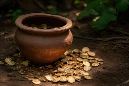 A clay pot filled with gold shining coins, hidden and waiting to be discovered by treasure hunters. AI Generativeの素材