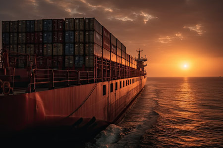 A massive container ship sails into the sunset, carrying goods across the ocean. AI Generativeの素材