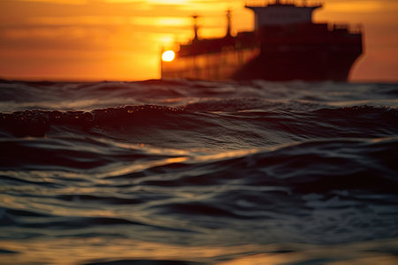A massive container ship sails into the sunset, carrying goods across the ocean. AI Generativeの素材