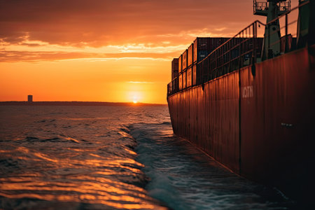 A massive container ship sails into the sunset, carrying goods across the ocean. AI Generativeの素材