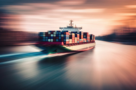 A container ship speeds across the ocean delivering cargo, with a motion blur effect conveying the concept of fast delivery. AI Generativeの素材