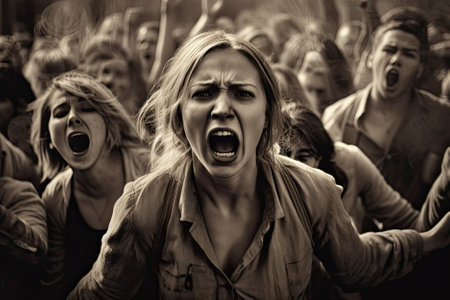 A woman screams in the crowd, her expression conveying intense emotion and urgency. AI Generativeの素材