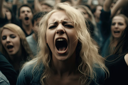A woman screams in the crowd, her expression conveying intense emotion and urgency. AI Generativeの素材