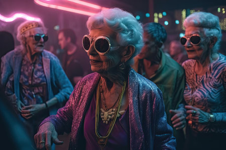 A elderly woman dances at a cyberpunk party, defying age and embracing the futuristic vibe. AI Generativeの素材