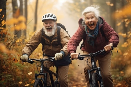 A joyful elderly couple rides mountain bikes in the mountains, embracing an active and happy old age. AI Generativeの素材