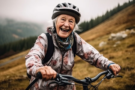 An elderly woman happily rides a mountain bike in the mountains, enjoying an active and joyful old age. AI Generativeの素材