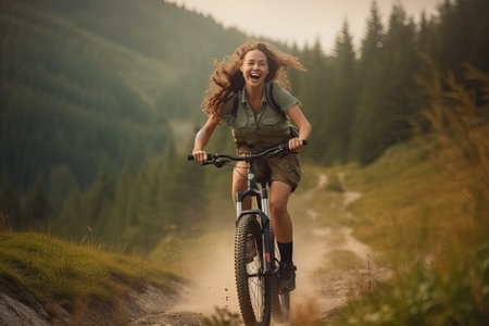 A young and cheerful woman is riding a mountain bike in the mountains, enjoying the thrill of adventure and the beauty of nature. AI Generativeの素材