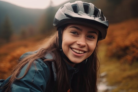 A young and cheerful woman is riding a mountain bike in the mountains, enjoying the thrill of adventure and the beauty of nature. AI Generativeの素材