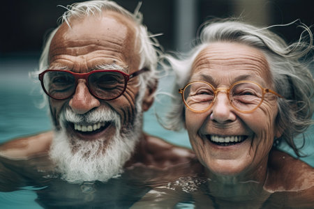 Foto de A mature couple enjoys a refreshing dip in the pool on a hot summer day, savoring their leisure time together. AI Generative - Imagen libre de derechos