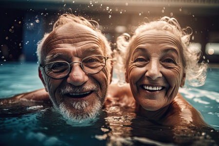 A mature couple enjoys a refreshing dip in the pool on a hot summer day, savoring their leisure time together. AI Generativeの素材