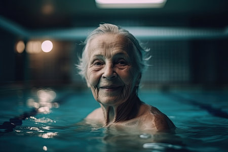 A senior woman enjoys swimming in a pool, staying active and healthy in her golden years. AI Generativeの素材