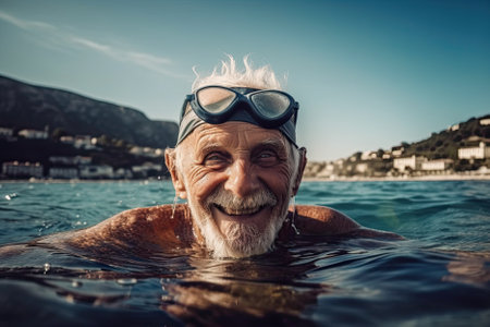 A happy elderly man is swimming in the sea, enjoying his time in the water. AI Generativeの素材