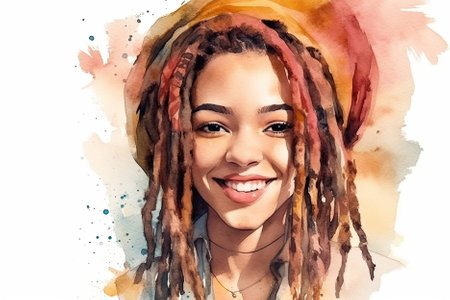An exquisite watercolor illustration of a beautiful young woman's portrait, capturing her essence in stunning detail. AI Generativeの素材