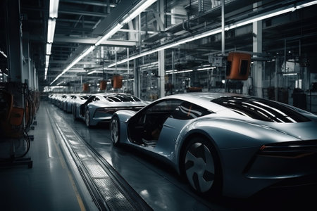 A modern electric car manufacturing plant utilizes advanced technologies, robotics, and automation to produce eco-friendly vehicles. AI Generativeの素材