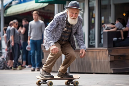 A happy elderly man skateboarding through the city, embodying the concept of active aging and living life to the fullest. AI Generativeの素材