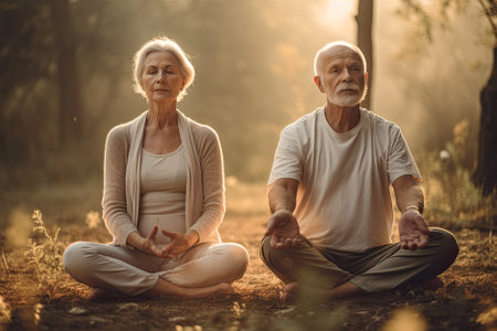 An elderly couple meditates in the park, taking care of their mental health and well-being, surrounded by nature and tranquility. AI generative.の素材