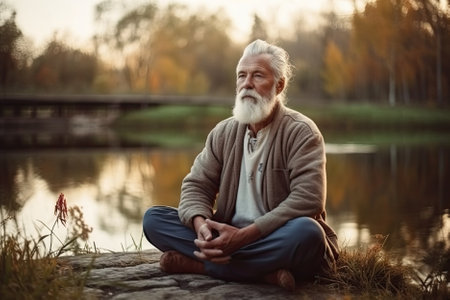 An elderly man meditates in the park, taking care of his mental health and well-being, finding inner peace and harmony in the tranquility of nature. AI Generative AI.の素材