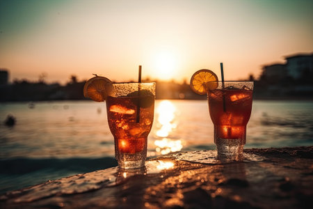 Beautiful refreshing drinks, shown in close-up, set against the backdrop of the sea at sunset, make for a perfect relaxing moment. AI Generative AI.の素材