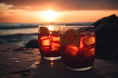 Beautiful refreshing drinks, shown in close-up, set against the backdrop of the sea at sunset, make for a perfect relaxing moment. AI Generative AI.の素材