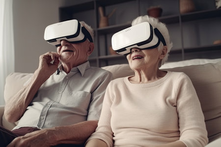 An elderly couple enjoys virtual reality through their VR headsets, immersing themselves in a new world of experiences. AI Generative AI.の素材