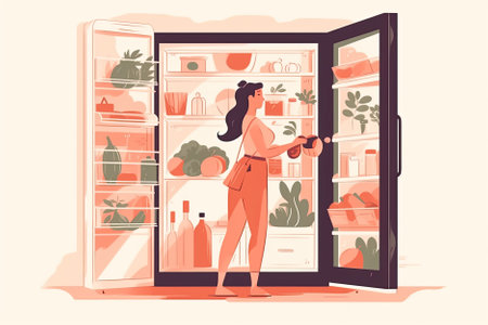 Illustration of A young woman opens the refrigerator filled with healthy foods to prepare a nutritious breakfast. AI Generative AI.の素材