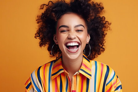 The exquisitely emotional and beautiful woman is in a state of absolute euphoria. Her face is lit up with joy and her body language exudes excitement and energy. It's as though every fiber of her being is vibrating with happiness and delight. Generative AI.の素材