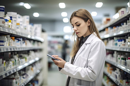 The attractive young woman, a pharmacist, stands amidst rows of shelves stocked with medicines in the pharmacy. AI Generative AI.の素材