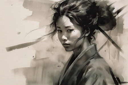 The ink painting depicts a beautiful female samurai in the style of Japanese art, with flowing brushstrokes and delicate details capturing the grace and strength of the warrior. The image celebrates the empowerment and resilience of women in a male-dominated field, highlighting the elegance and skill of the samurai tradition. The painting is a tribute to the rich cultural heritage of Japan and its enduring influence on art and design. Generative AI.の素材