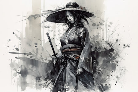 The ink painting depicts a beautiful female samurai in the style of Japanese art, with flowing brushstrokes and delicate details capturing the grace and strength of the warrior. The image celebrates the empowerment and resilience of women in a male-dominated field, highlighting the elegance and skill of the samurai tradition. The painting is a tribute to the rich cultural heritage of Japan and its enduring influence on art and design. Generative AI.の素材