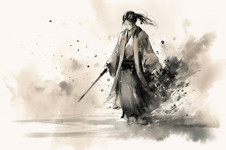 The ink painting depicts a beautiful female samurai in the style of Japanese art, with flowing brushstrokes and delicate details capturing the grace and strength of the warrior. The image celebrates the empowerment and resilience of women in a male-dominated field, highlighting the elegance and skill of the samurai tradition. The painting is a tribute to the rich cultural heritage of Japan and its enduring influence on art and design. Generative AI.の素材
