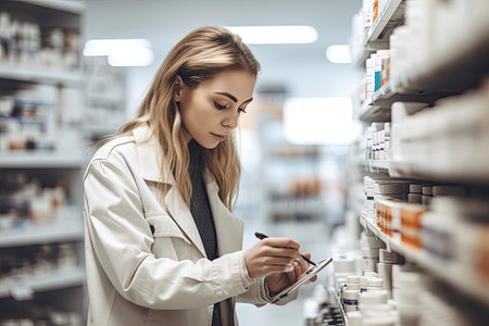The attractive young woman, a pharmacist, stands amidst rows of shelves stocked with medicines in the pharmacy. AI Generative AI.の素材