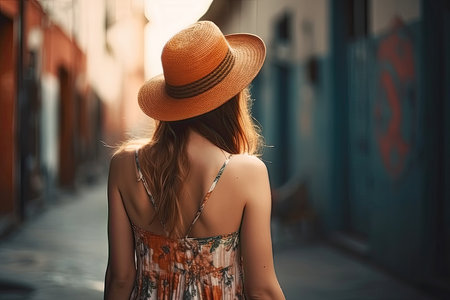 A young woman in a dress and hat strolls through the city, seen from behind. She exudes confidence and grace as she takes in the sights and sounds of the bustling urban landscape. AI Generative AI.の素材