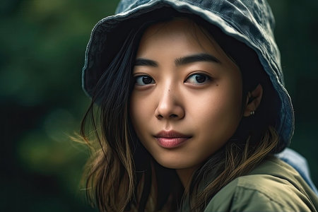 A portrait of a young Japanese woman in casual summer attire, generated by AI. The image captures the subject's natural beauty and effortless style. AI Generative AIの素材
