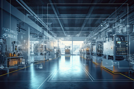 ultra-modern factory that embodies the concept of Industry 4.0, showcasing the integration of advanced technologies to optimize efficiency, productivity, and sustainability. Created using Generative AI.の素材