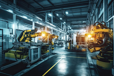 ultra-modern factory that embodies the concept of Industry 4.0, showcasing the integration of advanced technologies to optimize efficiency, productivity, and sustainability. Created using Generative AI.の素材