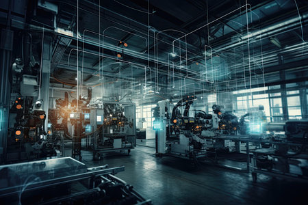 ultra-modern factory that embodies the concept of Industry 4.0, showcasing the integration of advanced technologies to optimize efficiency, productivity, and sustainability. Created using Generative AI.の素材