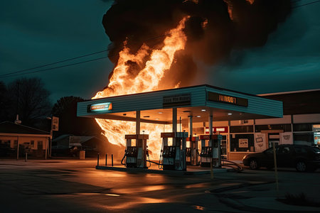 burning gas station, with flames engulfing the pumps and sending plumes of smoke into the air. AI Generativeの素材