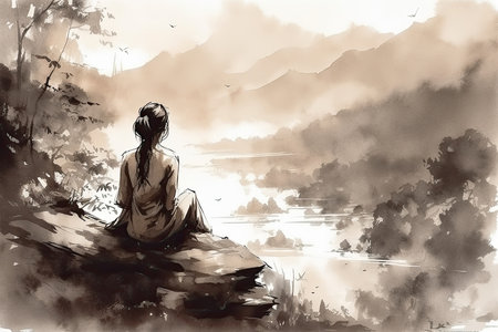 A young woman meditates in the mountains, seen from behind, in the style of Chinese painting. AI Generative AIの素材