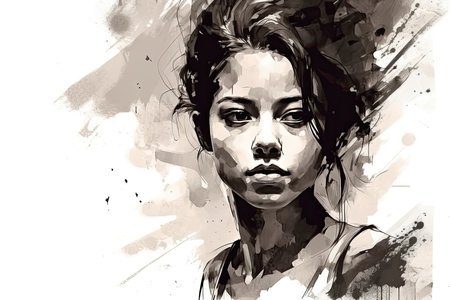 The ink painting depicts a beautiful female samurai in the style of Japanese art, with flowing brushstrokes and delicate details capturing the grace and strength of the warrior. The image celebrates the empowerment and resilience of women in a male-dominated field, highlighting the elegance and skill of the samurai tradition. The painting is a tribute to the rich cultural heritage of Japan and its enduring influence on art and design. Generative AI.の素材